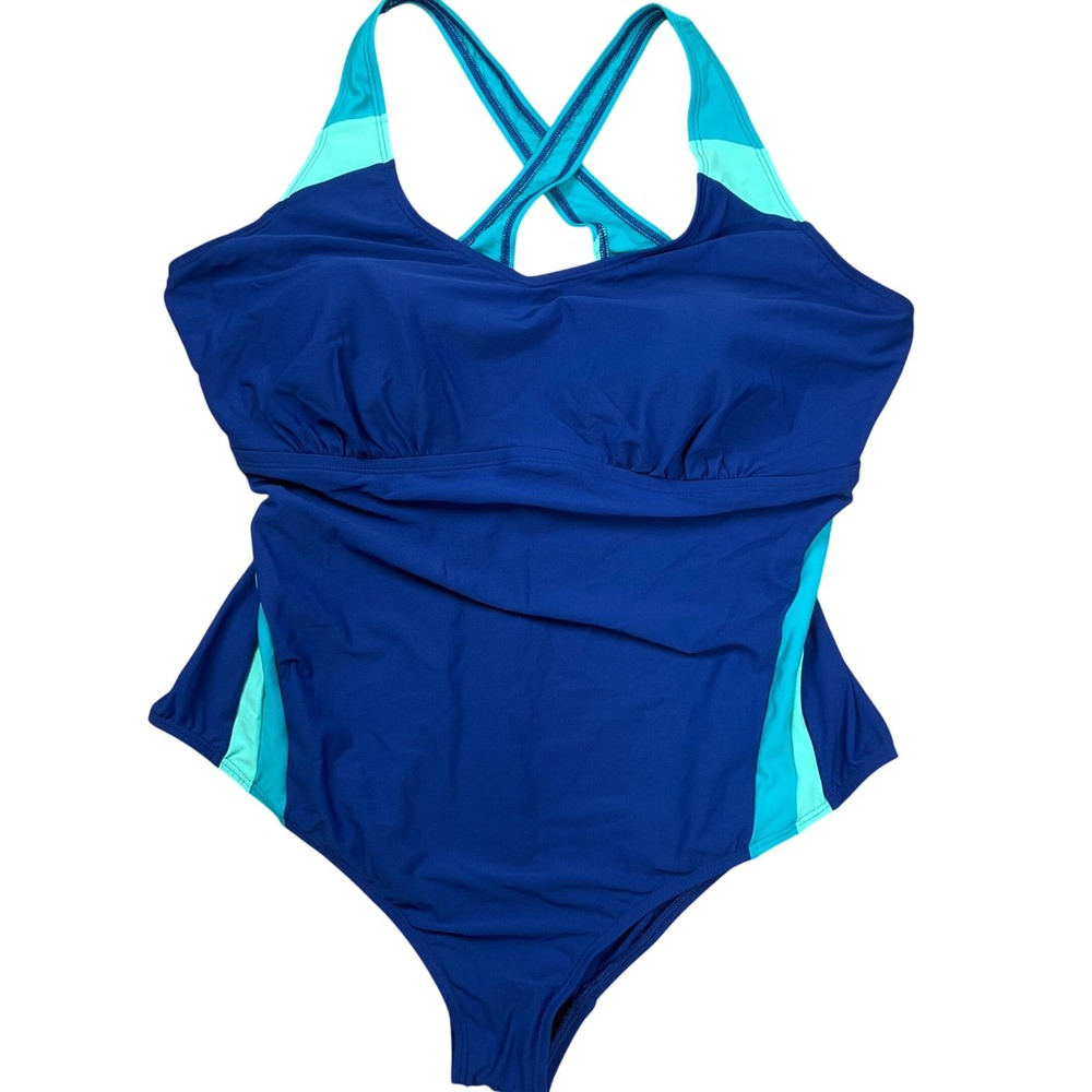 Lands' End 1 Pc Swimsuit Women 26W Blue Colorblock Cross-Back Racer Swim Modest